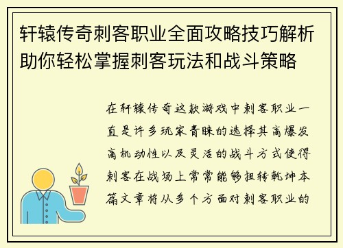 轩辕传奇刺客职业全面攻略技巧解析助你轻松掌握刺客玩法和战斗策略